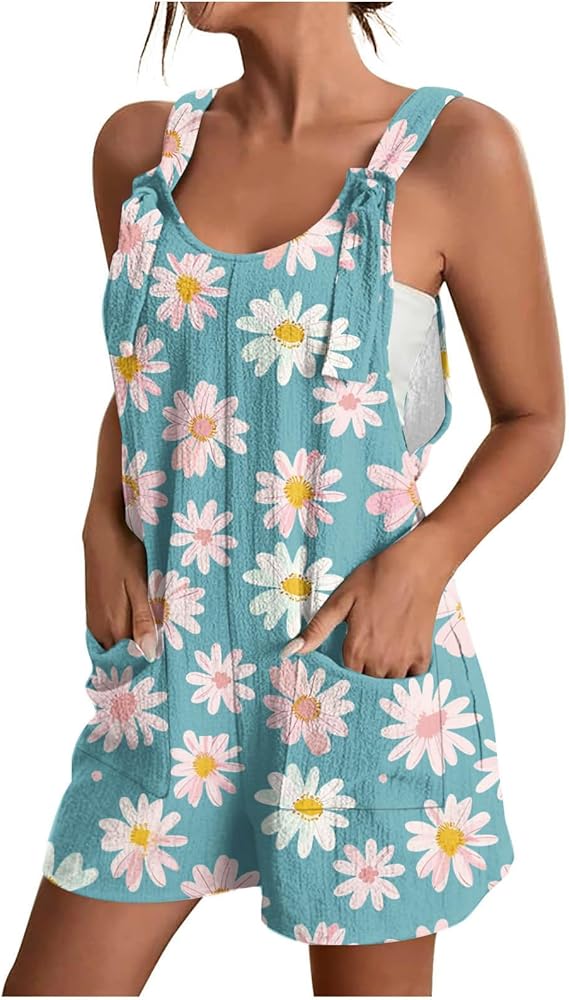 Romper Shorts for Women 2024 Summer Cute Daisy Overalls Adjustable Strap Sleeveless Casual Jumpsuits with Pockets