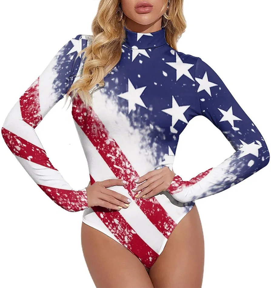 American Flag Women's Mock Turtle Neck Long Sleeve Tops Bodysuit Jumpsuit M