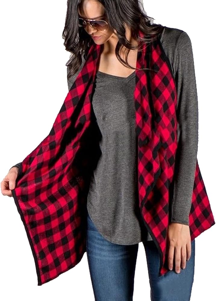 Women Plaid Draped Open Front Vest Jacket Sleeveless Shawl Gilet Cardigan Coat