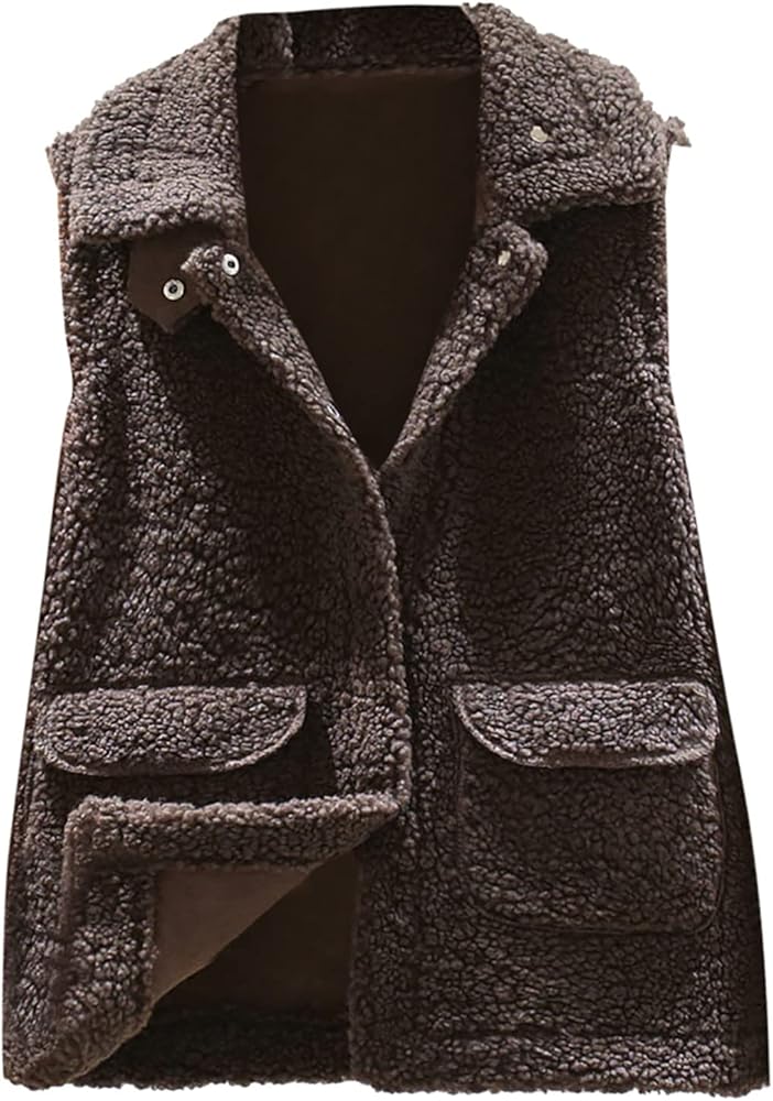 Women's Button Down Laple Dressy Vest Fluffy Teddy Comfy Waistcoat Winter Sleeveless Furry Fleece Gilet Jackets