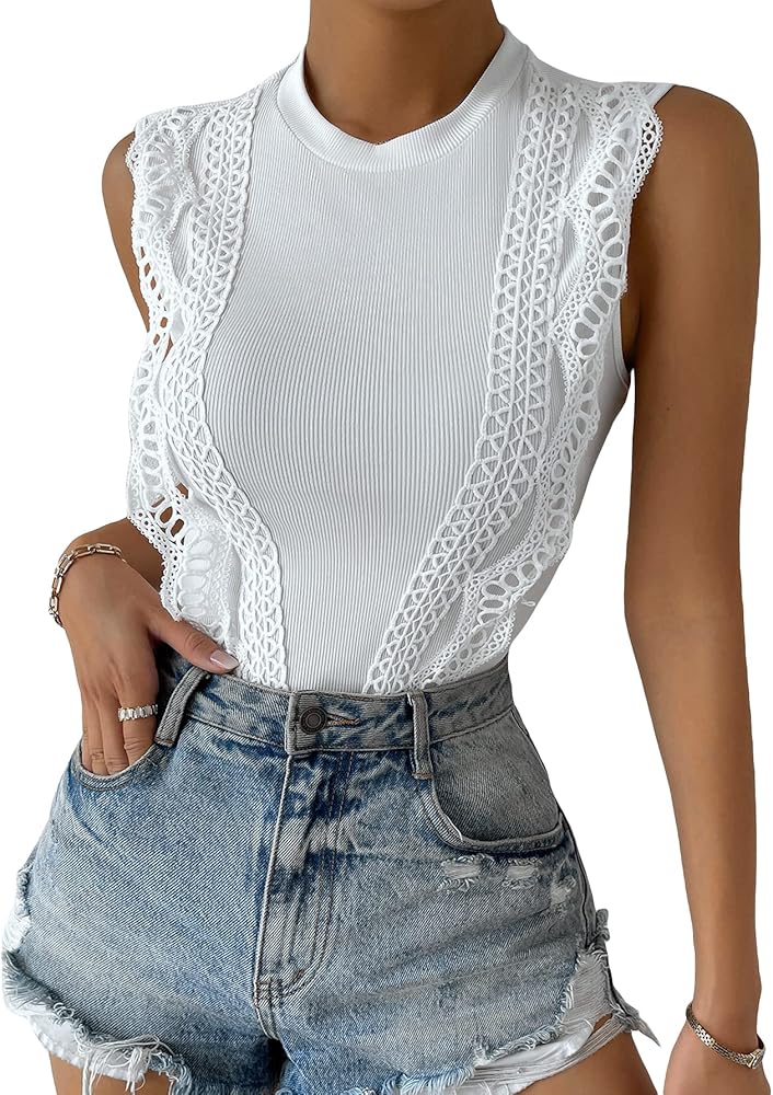 OYOANGLE Women's Rib-Knit Sleeveless Bodysuit Mock Neck Lace Trim Skinny Tank Top Body Suit