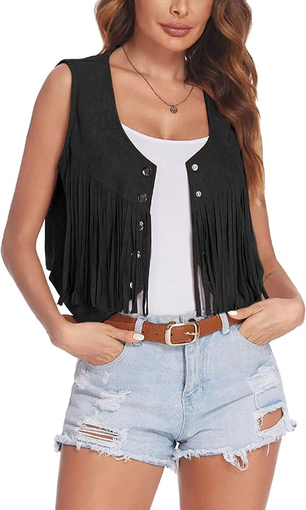 Womens Fringe Vest Crop Sleeveless Open Front Vintage Vest Hippie Clothes Boho Western Jacket