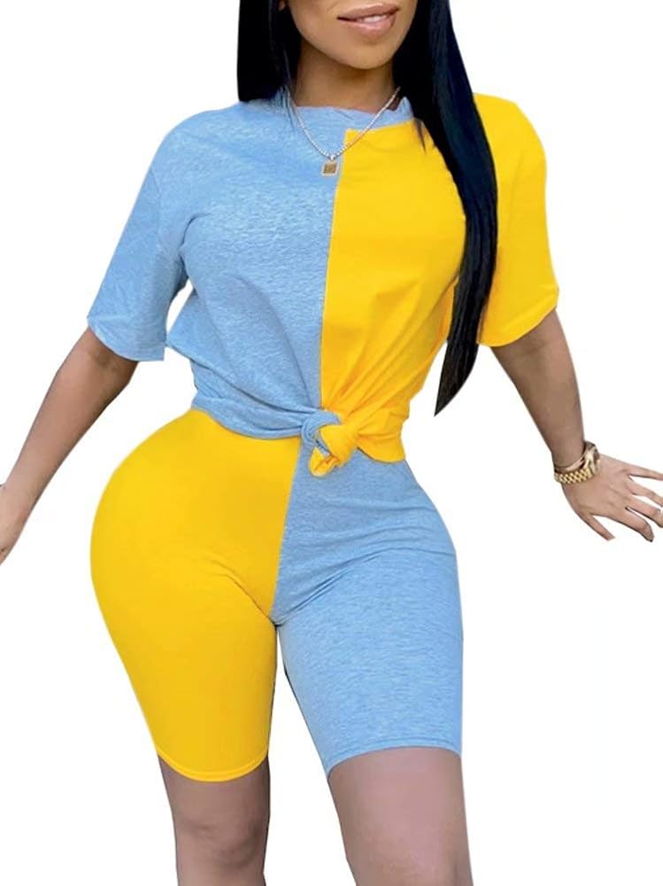 Women Color Block 2 Piece Outfits Short Sleeve Tie Front Knot T-Shirt Bodycon Shorts Set Tracksuit Jumpsuit