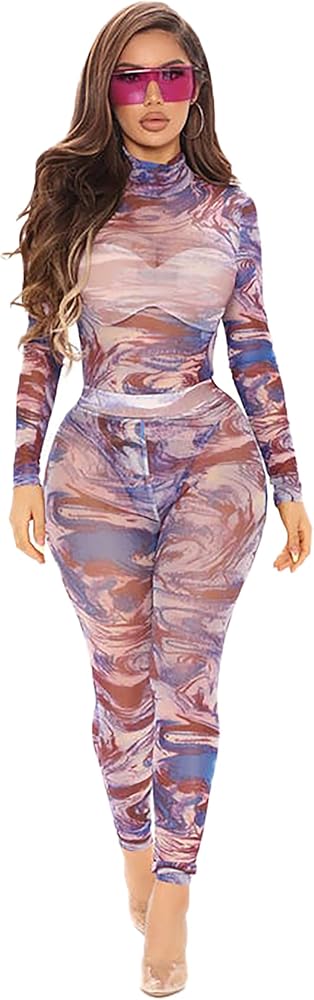 Women's Sexy Print Two Piece Set,Long Sleeve Mesh See Through Bodycon Jumpsuit