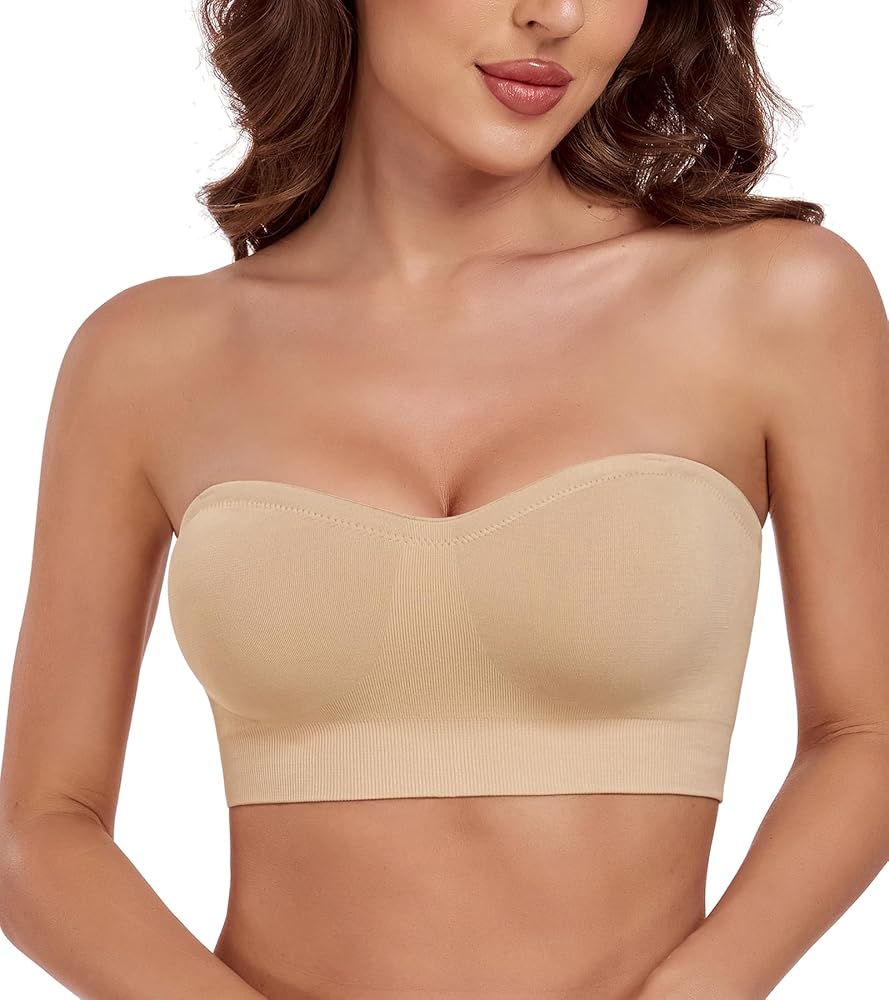 Lemorosy Women's Non-Slip Silicone Seamless Wireless Bandeau Removable Padded Strapless Bras Tube Top