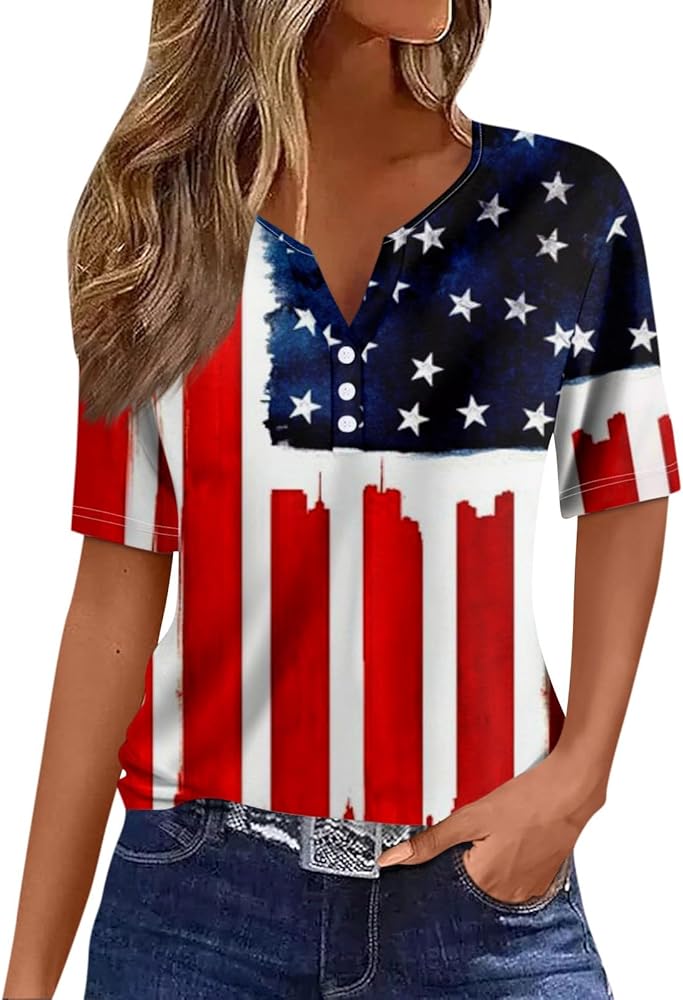 Women's T Shirt Tee Independence Day Print Button Short Vacation Trendy V Neck Boho Short Sleeve Shirts