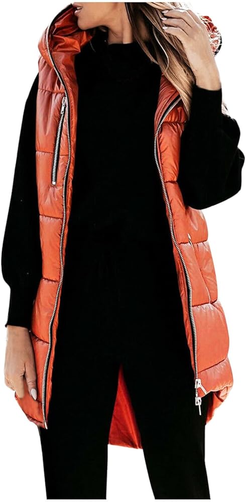 Women Quilted Sleeveless Jacket Puffer Vest Zip Up Hooded Lightweight Long Coat Winter Warm Mid Length Outwear