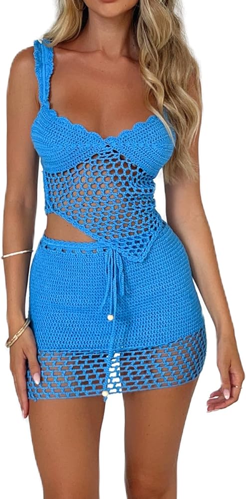 Sunloudy Women 2Pcs Crochet Knit Skirt Set Tube Crop Top + High Waist Bodycon Skirt Cover Up Beachwear