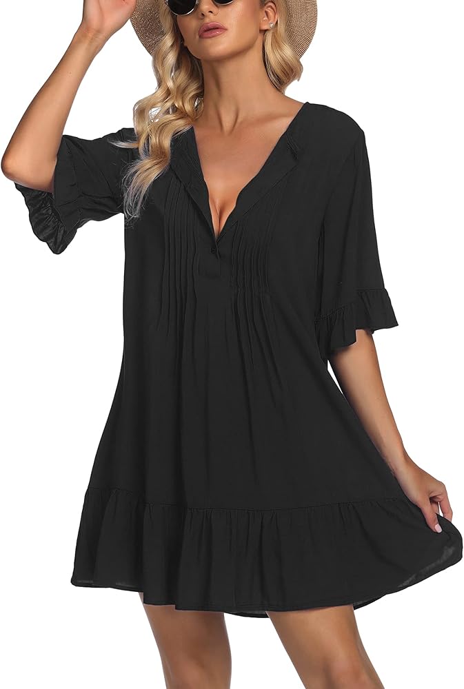 AI'MAGE Women Cover Ups Shirt Button Down Bathing Suit Cover Up Dress Ruffle Beachwear S-3XL A-Black