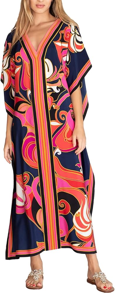 Eddoyee Women Long Print Swimwear Cover Up Sexy V Neck Side Split Beach Caftans Lounge Dresses