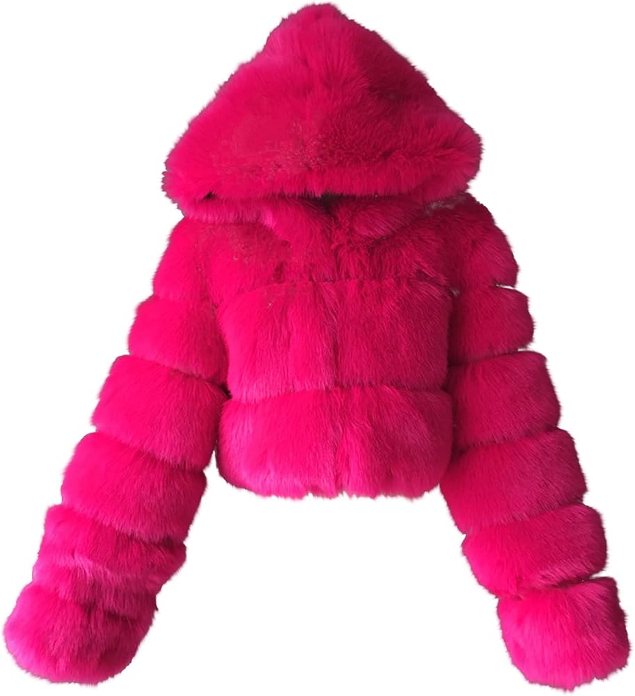 Womens Fuzzy Jackets Short Faux Fur Hooded Fluffy Coat Fleece Jacket Plus Size Furry Zipper Winter Coats Outerwear