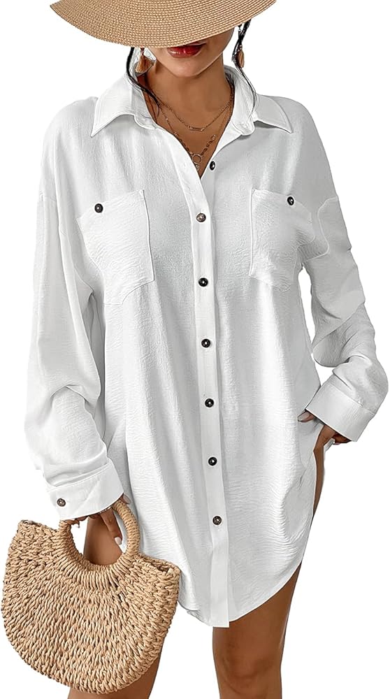 Eddoyee Womens Casual Button Down Shirts V-neck Long Sleeve Bathing Suit Cover Up Plus Size Beach Shirt Blouses with Pockets