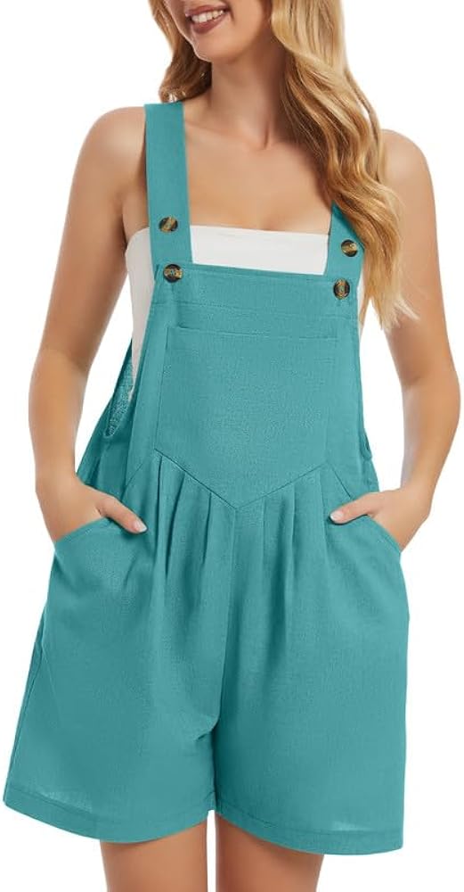 Women's Short Overalls Casual Summer Jumpsuits Button Up Adjustable Straps Loose Linen Fit Bib Rompers with Pockets