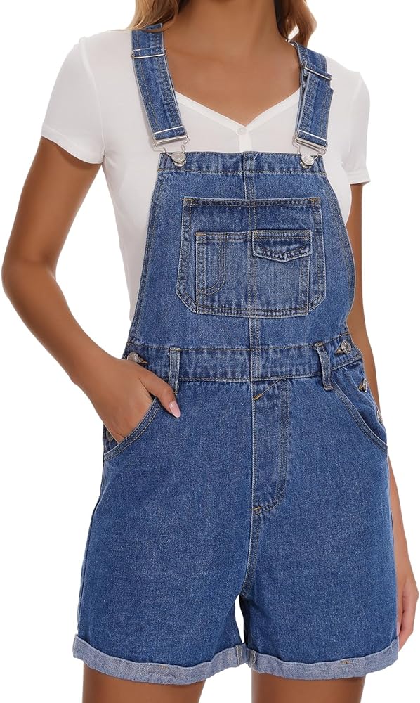 Women's Denim Shortalls Casual Adjustable Straps High Waist Bib Jeans Overalls Shorts Romper with Pockets