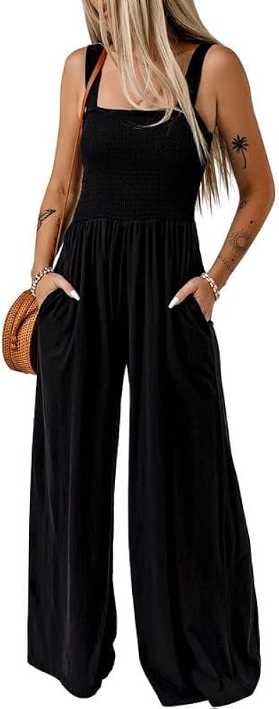 Women's Jumpsuits Casual Loose Overalls One Piece Sleeveless Wide Leg Long Pant Rompers With Pockets