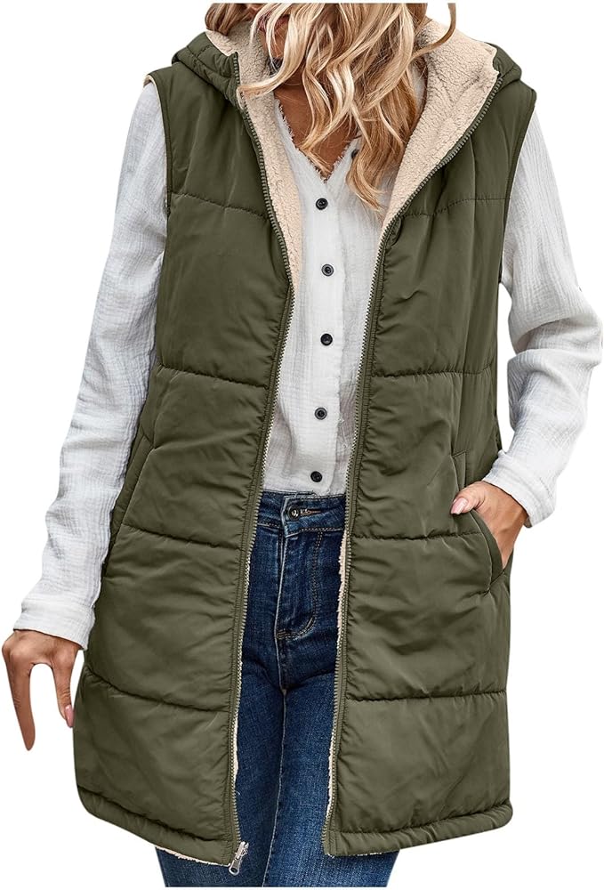 Puffer Vest Women Long Womens Sherpa Lined Hoodie Jacket Winter Coats Sleeveless Jackets Fleece Lined Coat