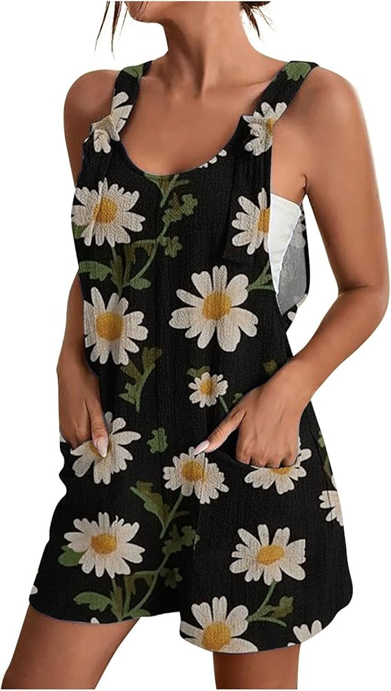 Daisy Print Rompers for Women Summer Sleeveless Jumpsuits One Piece Outfits Casual Floral Mini Overalls with Pockets