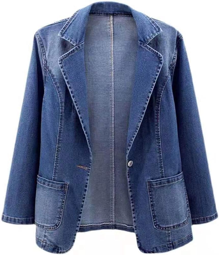 Women's Denim Jacket Dressy Casual Blazer Collar Open Front Jeans Coats Plus Size Button Cowgirl Outwear Fall Outfits