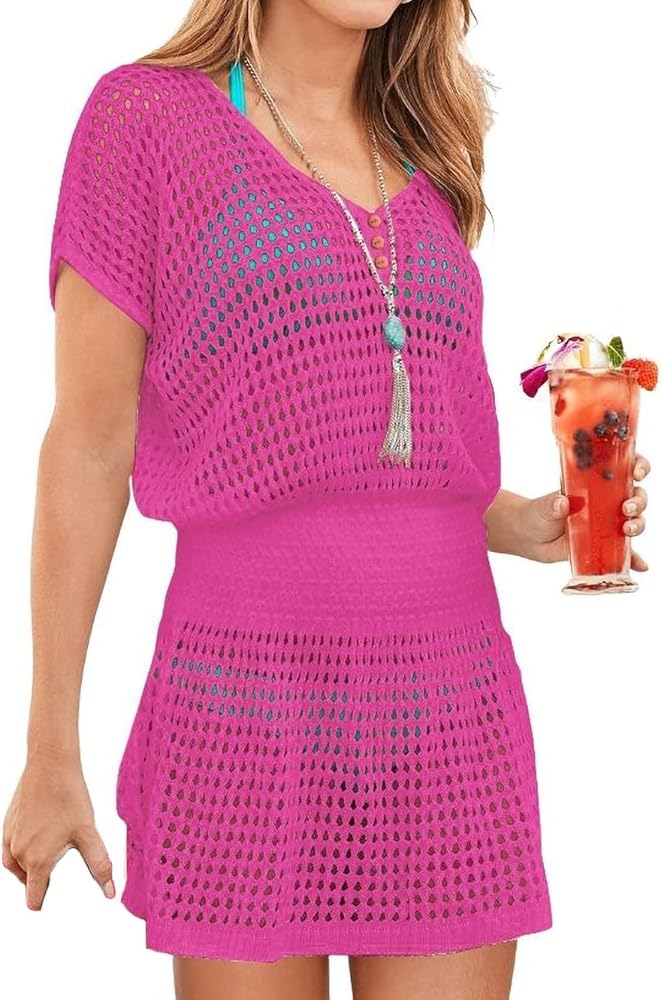 Bsubseach Women Crochet Hollow Out Swim Cover Ups Short Sleeve Beach Swimwear Tunic Dress