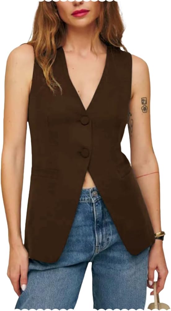 Womens Waistcoat V-Neck Dressy Sleeveless Jacket 2 Button Suit Vests