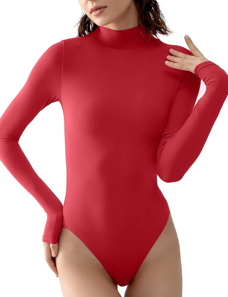 PUMIEY Long Sleeve Bodysuit For Women Mock Turtle Neck Sexy Tops Body Suits Women Clothing Ruby Large