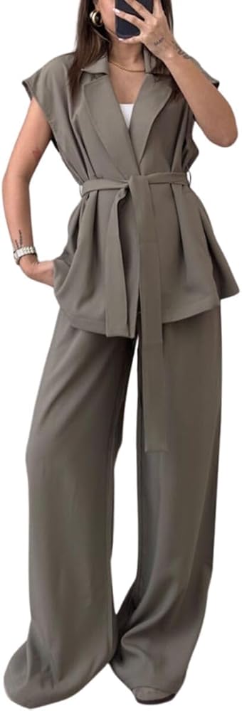 Women's Casual 2 Piece Outfits Lapel V Neck Sleeveless Belted Oversized Cardigan Tops Wide Leg Pants Sets