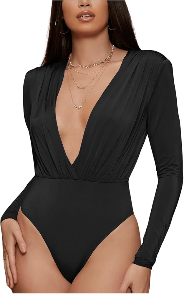 MakeMeChic Women's Casual Plunging Neck Long Sleeve Bodysuit Ruched Front Leotard Shirt Tops