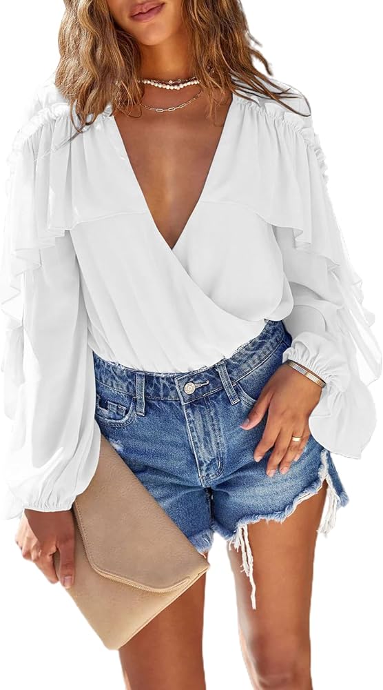 Women's Long Sleeve Wrap V Neck Ruffle Bodysuit Jumpsuit Sexy Drape Blouse Top