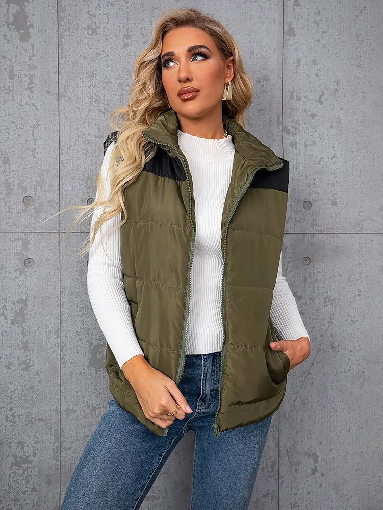 Jackets for Women - Two Tone Zip Up Puffer Vest Coat (Color : Army Green, Size : X-Small)