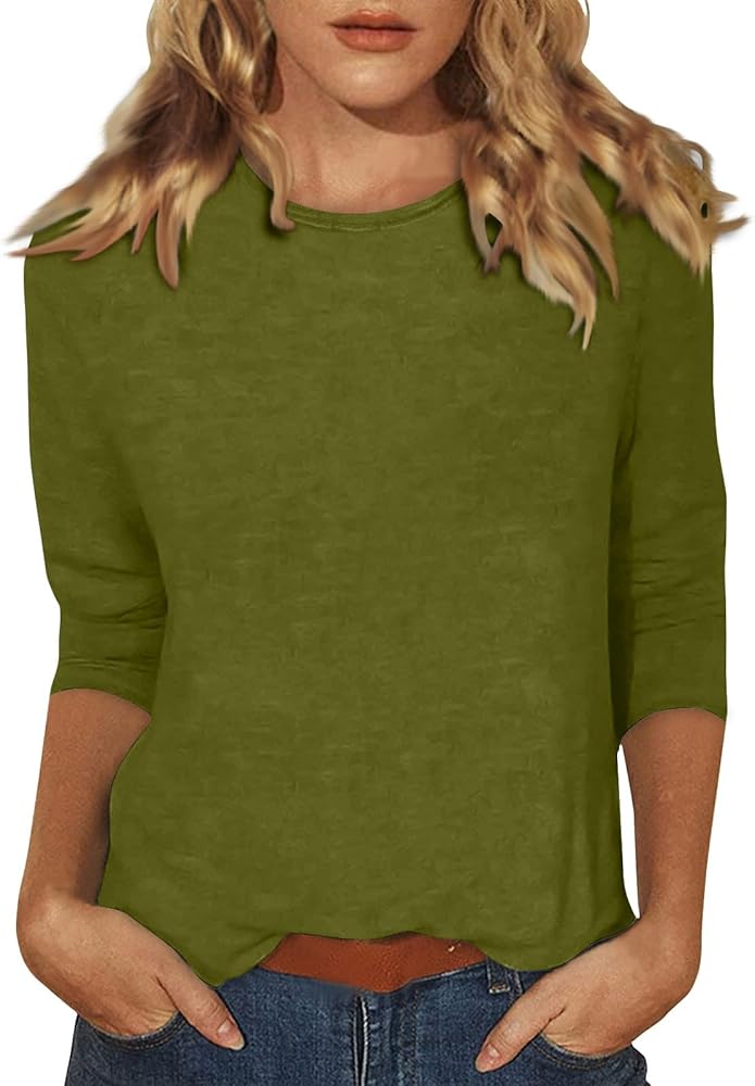 Womens 3/4 Sleeve Tops and Blouses,Casual Loose Fit T Shirts Crewneck Basic Tee Solid Three Quarter Length Tunic Tops