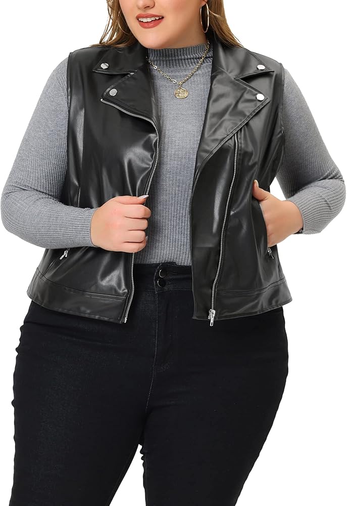 Agnes Orinda Leather Vest for Women Plus Size Notch Lapel Zipper Club Motorcycle Faux Leather Vest