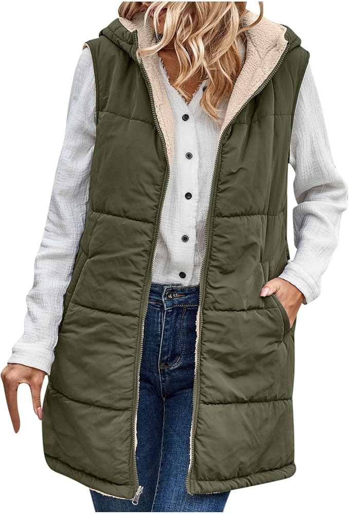 Puffer Vest Women Long Down Hooded Vests Plus Size Winter Sleeveless Zip Up Jacket Thick Warm Coats Outerwear Vest with Hoody for Women Lightweight Packable Down Jacket Women