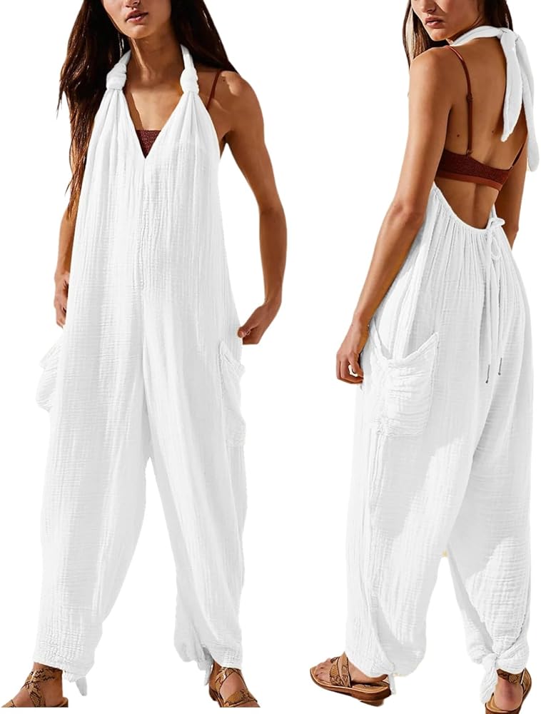 Linen Jumpsuits for Women Halter Neck Sleeveless Jumpsuit Sexy Backless Drawstring Romper with Pockets Lounge Pants