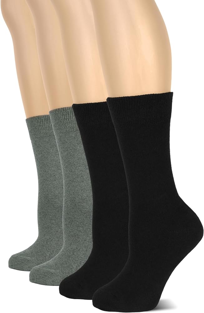 Hugh Ugoli Women's Cotton Crew Socks | Plain Color, Regular Fit, Soft Casual Socks for Trouser, 4 Pairs, Black/Gray, Shoe Size: 9-12