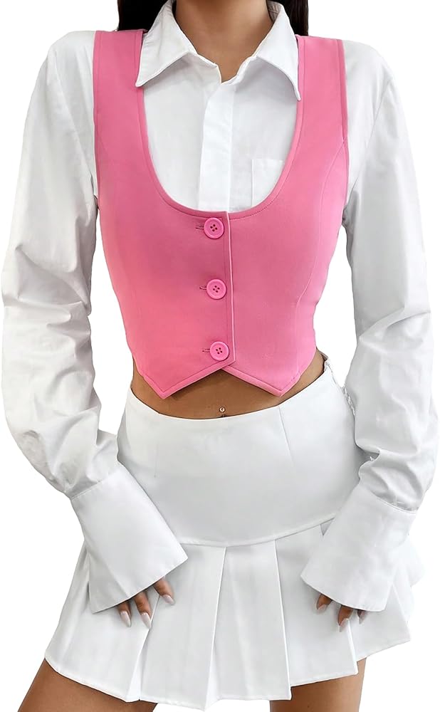 Verdusa Women's Single Breasted Sleeveless Crop Vest Blazer Waistcoat Pink M