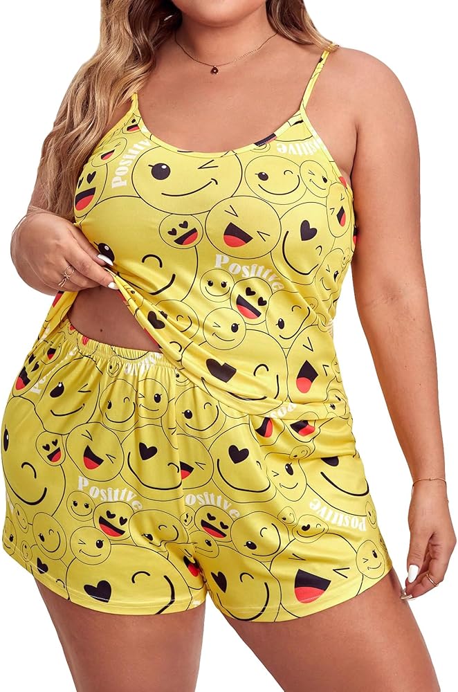 Floerns Women's Plus Size Cartoon Print Cami Top with Shorts Pajama Set Sleepwear