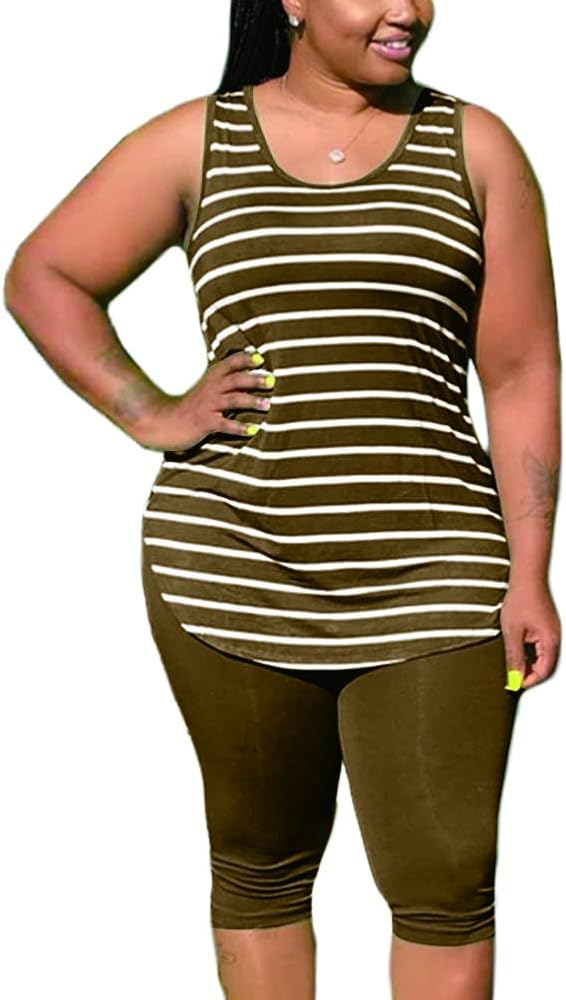 Women's Plus Size Stripe Sets - Tank T-Shirt Tops + Elastic Shorts 2 Piece Casual Sportswear