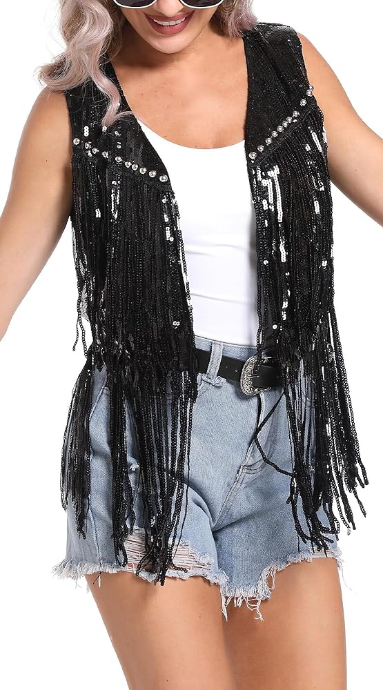 FEOYA Women Sequins Fringe Vest Glitter Sparkly Sleeveless Jacket 70s Open Front Tassel Vest