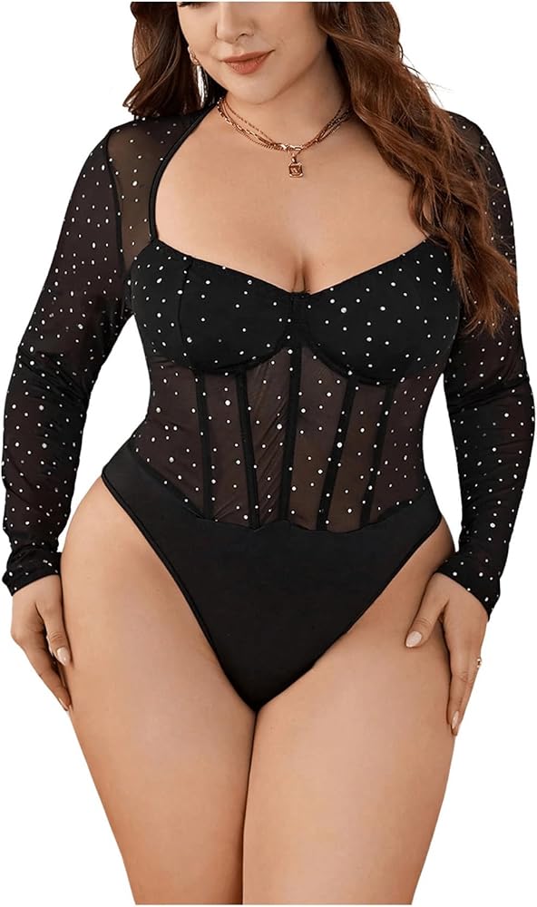 MakeMeChic Women's Plus Size Sequins Rhinestone Long Sleeve Sweetheart Mesh Sheer Bodysuit Leotard Tops