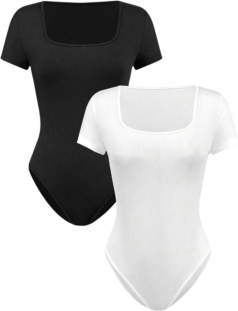 MakeMeChic Women's 2 Pack Square Neck Short Sleeve Knitted Slim Fit Basic Bodysuit Shirt Tops