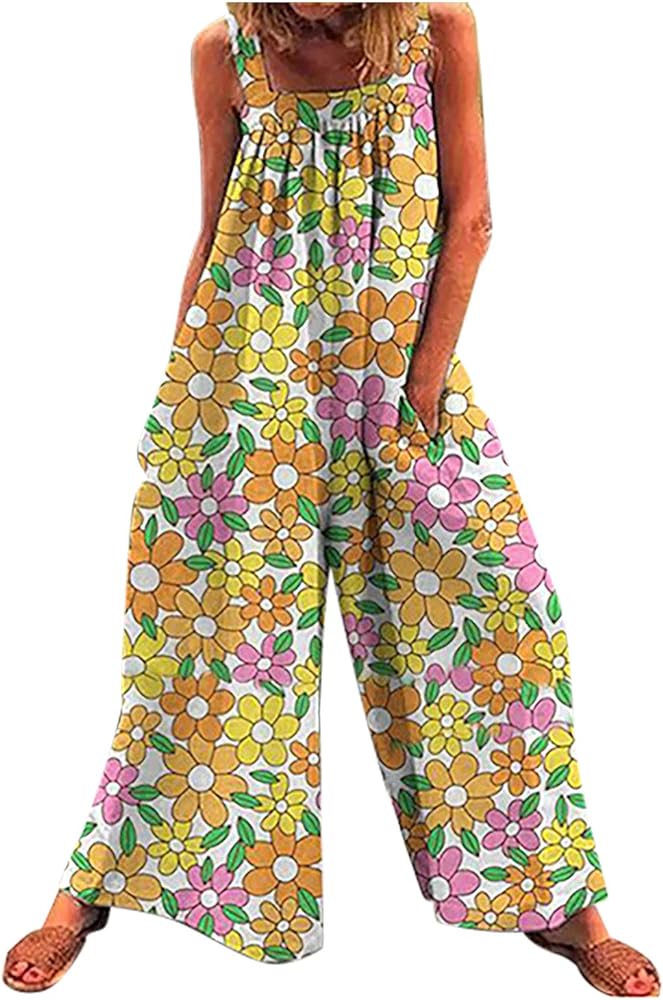 Ceboyel Womens Daisy Print Jumpsuit Romper Wide Leg Bib Overalls Sleeveless Long Pants Jumpers Cute Baggy Outfits 2023