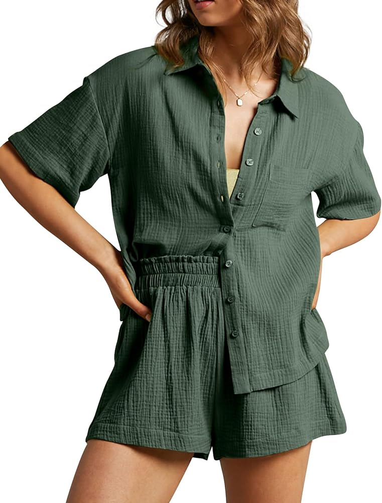 Women's 2 Piece Casual Outfits Cotton Linen Button Down Shirt Top High Waisted Shorts Set Tracksuit(ArmyGreen-M)