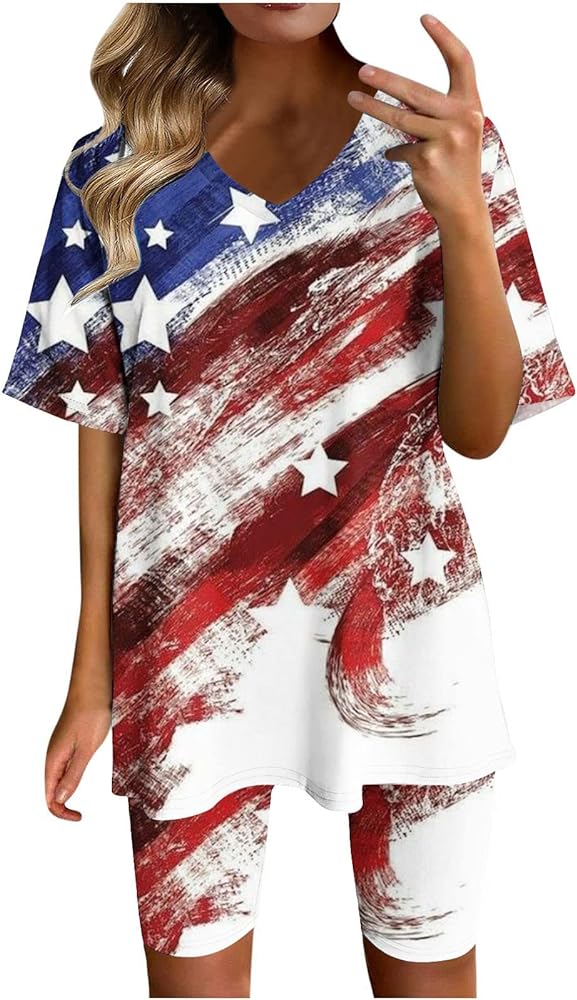 4Th of July Women Shirts 2 Piece OutfitsPlus Size 4th of July OutfitsPatriotic Summer Short Sleeve V Neck Tops 3X with Yoga Shorts Workout Gym Set Two Piece Summer Sets Trendy 2024