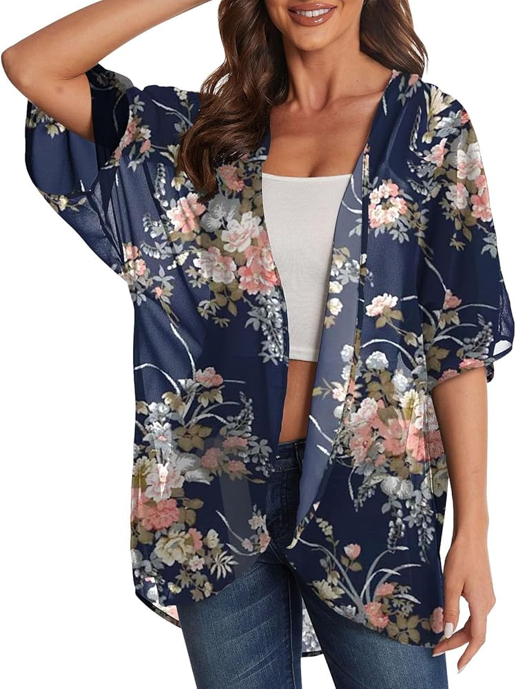 Beach Cover Ups for Women Puff Sleeve Bikini Cardigan Loose Floral Print Lightweight Casual Blouse Tops