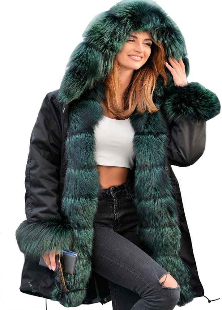 Roiii Women Thicken Warm Winter Coat Hood Down Parka Faux Fur Outdoor Overcoat Long Jacket Outwear