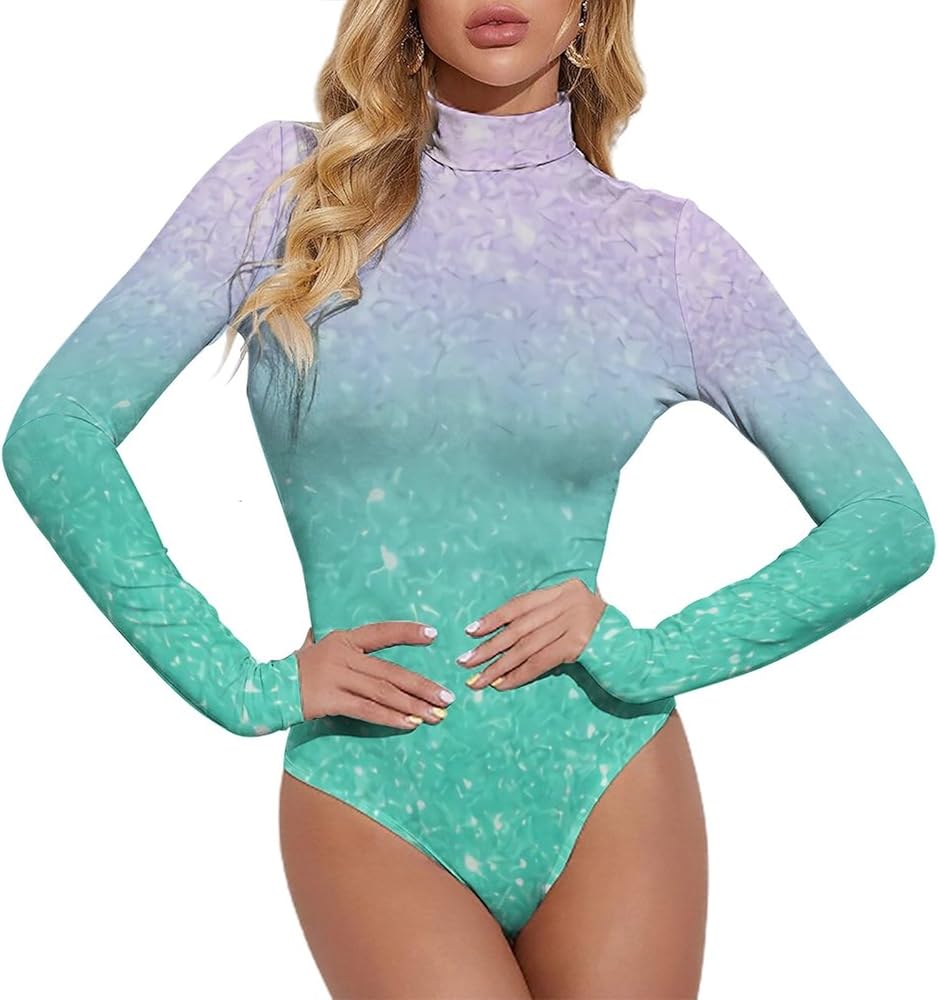 Mermaid Lavender Pattern Women's Long Sleeve Bodysuit Turtleneck Tops Stretch Jumpsuit T Shirts