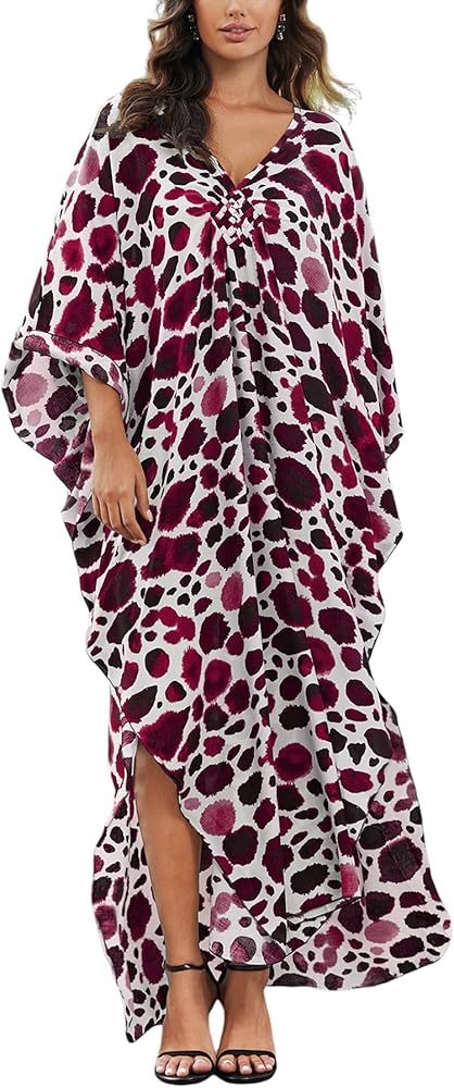 Women’s Floral Print 3/4 Sleeve V-Neck Kaftan Dress - Plus Size Beach Bathing Suit Swim Cover-Up