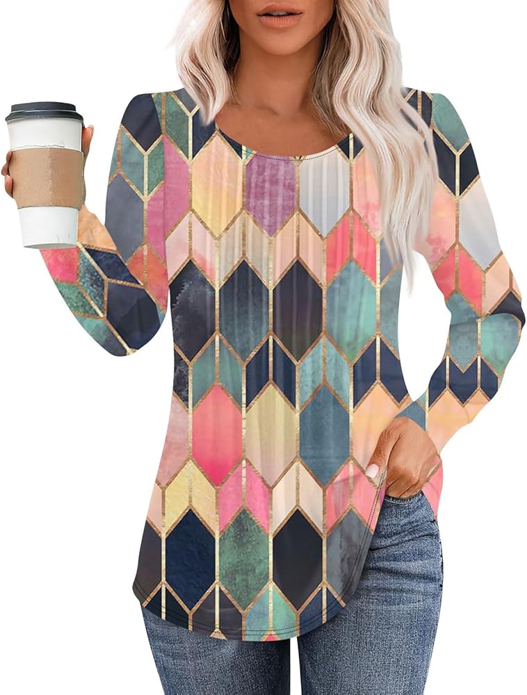 Women Fall Blouses Long Sleeve Crew Neck Pleated Tops Dressy Casual Geometric Printed Going Out T-shirt