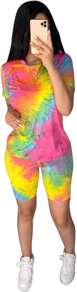 Remelon Women's Casual Shorts Set Outfit - Casual 2 Piece Tracksuit Tie Dye T-Shirt + Skinny Short Pants Jumpsuits