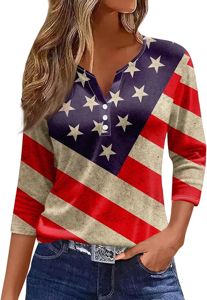 4th of July Tops for Women 3/4 Length Sleeve Summer Casual Loose Fit Button Down Patriotic Red White and Blue Shirts